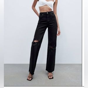 🔥NWT! Zara TRF High Rise RIPPED WIDE LEG BLACK JEANS